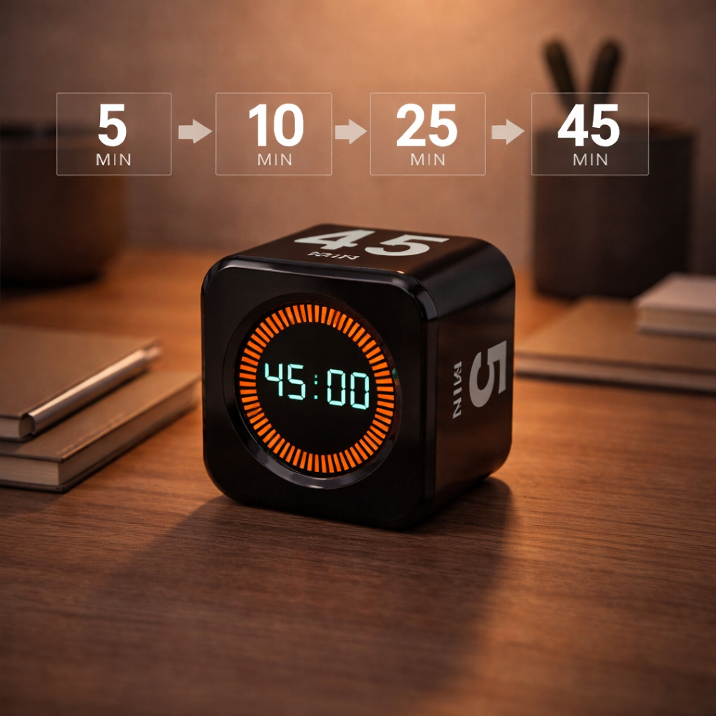 Digital timer on a wooden surface with a blurred background