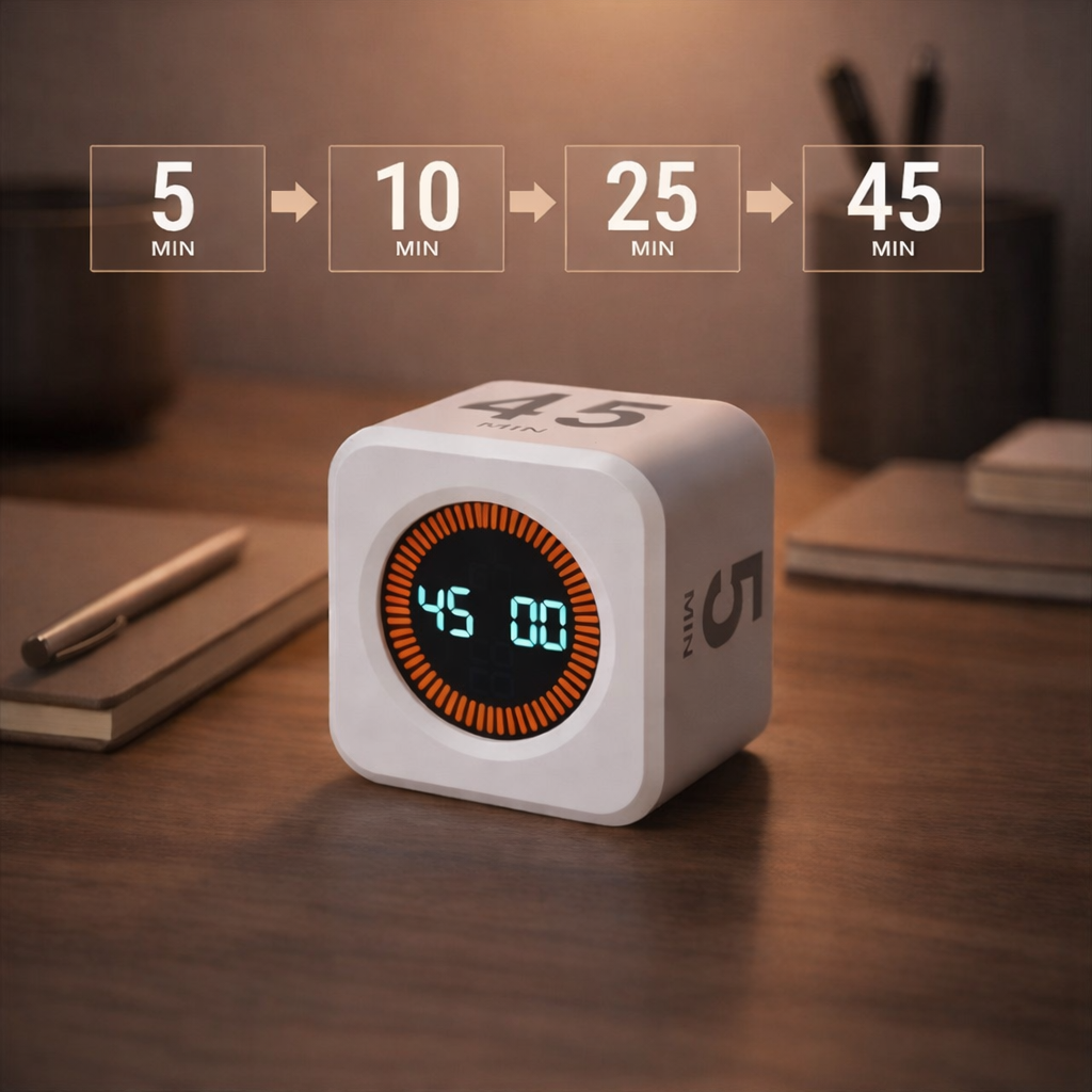 White digital timer on a wooden surface with a blurred background